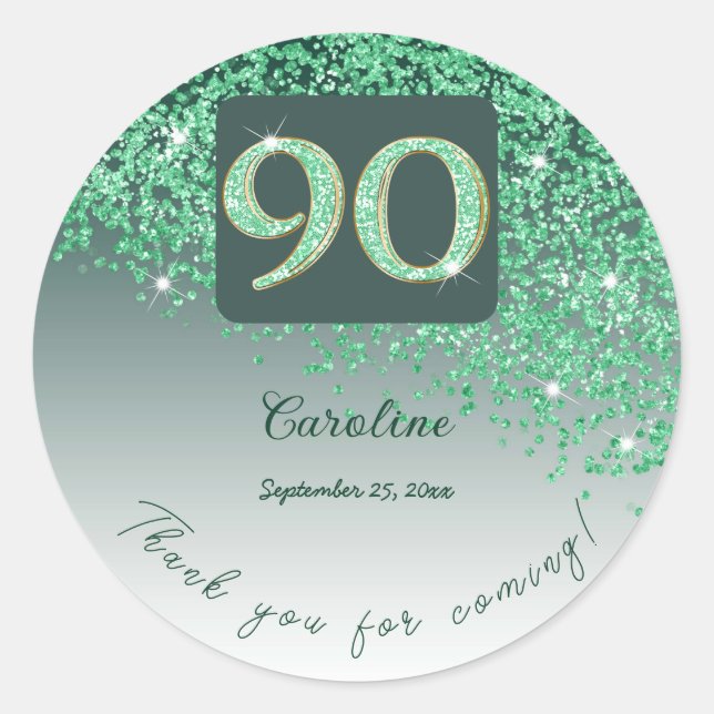 Sticker Rond Falling Green Parties scintillant, 90th Birthday M (Devant)