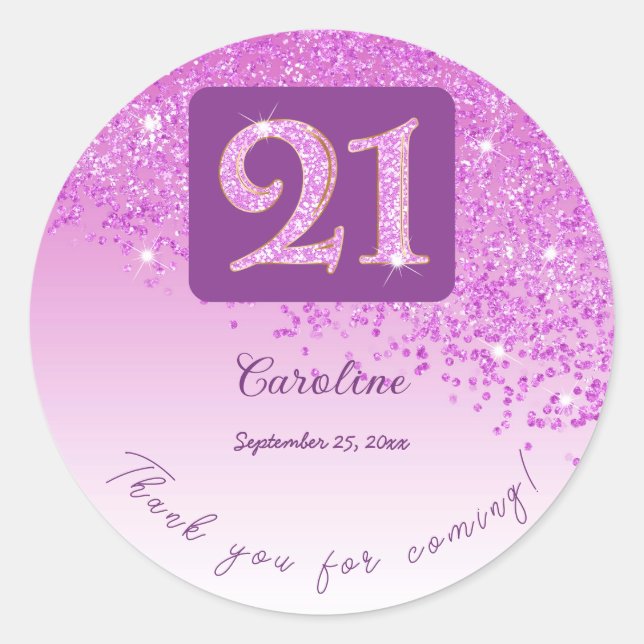 Sticker Rond Falling Pink Parties scintillant, 21e anniversaire (Devant)