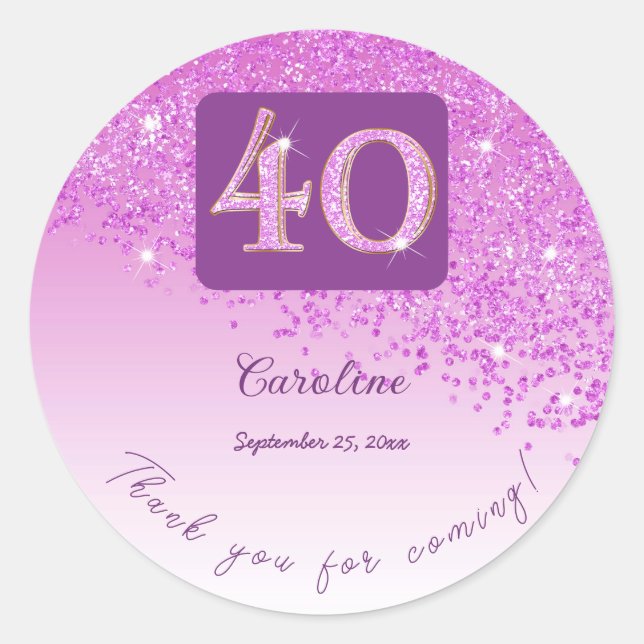 Sticker Rond Falling Pink Parties scintillant, 40e anniversaire (Devant)