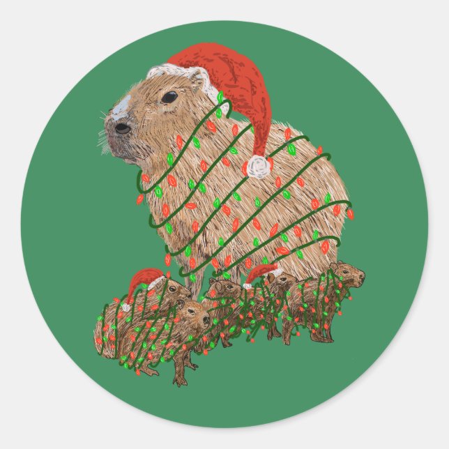 Sticker Rond Famille Capybara de Noël enrobée de lumières (Devant)