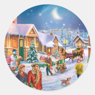 Sticker Rond Famille dans le village neigeux de Noël