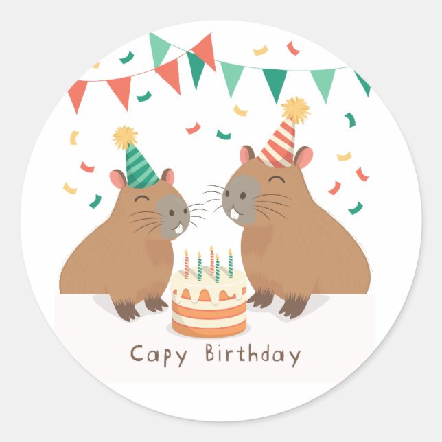 Sticker Rond Famille de mignonne capybara fêtant son anniversai (Devant)