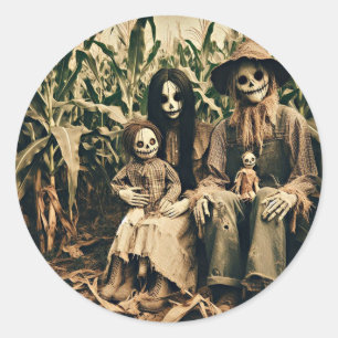Sticker Rond Famille déplaisant Scarecrow dans champ photo d'ho