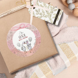 Sticker Rond Famille d'oies soyeux rose & bow 1er anniversaire