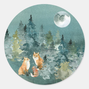 Sticker Rond Famille Fox en Pleine lune forestière