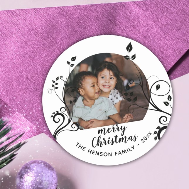 Sticker Rond Famille personnalisée Folithe noir Photo de Noël (Créateur téléchargé)