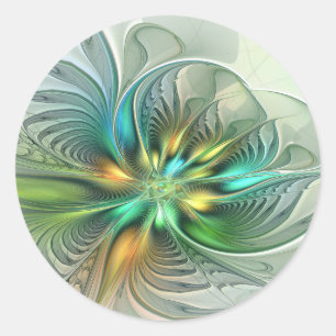 Sticker Rond Fantaisie Moderne Abstraite Fleur Fractale Colorée