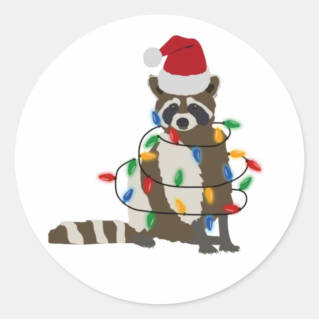 Sticker Rond Fantaisie Noël Raccoon Santa Hat Noël Lumières (Devant)