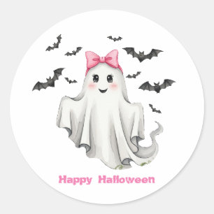 Sticker Rond Fantôme de fille rose avec chauves-souris volant