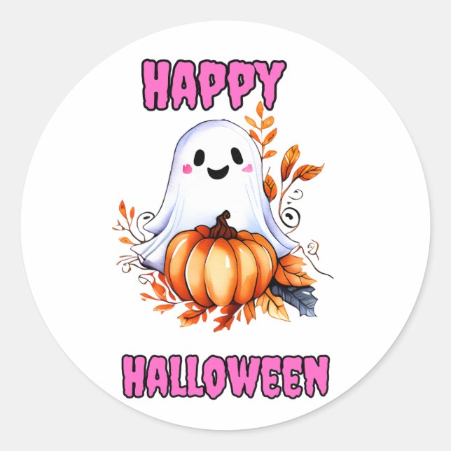 Sticker Rond Fantôme de Halloween heureux - Rose (Devant)
