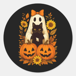 Sticker Rond Fantôme de Halloween mignon vintage tenant un chat