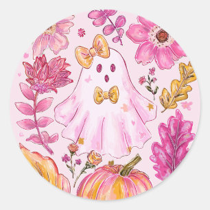 Sticker Rond Fantôme de Halloween rose pastel avec fleurs et ci