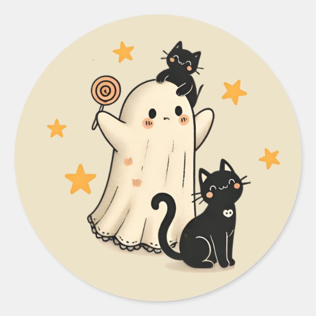 Sticker Rond Fantôme d'Halloween et chats noirs mignons (Devant)