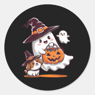 Sticker Rond Fantôme drôle promenant un chien Saison effrayante