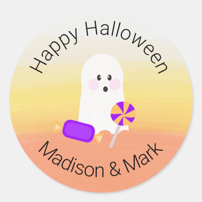 Sticker Rond Fantôme et aquarelle Bonbon Halloween Favoriser (Devant)