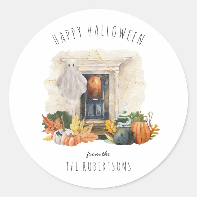 Sticker Rond Fantôme et Citrouille | Joyeux traitement d'Hallow (Devant)