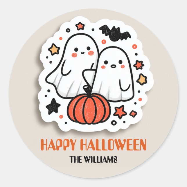 Sticker Rond Fantôme mignon et Halloween Citrouille (Devant)