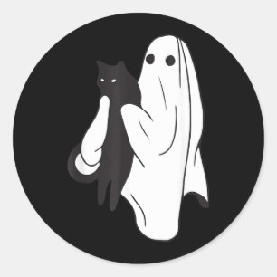 Sticker Rond Fantôme tenant un chat noir Halloween amateurs de