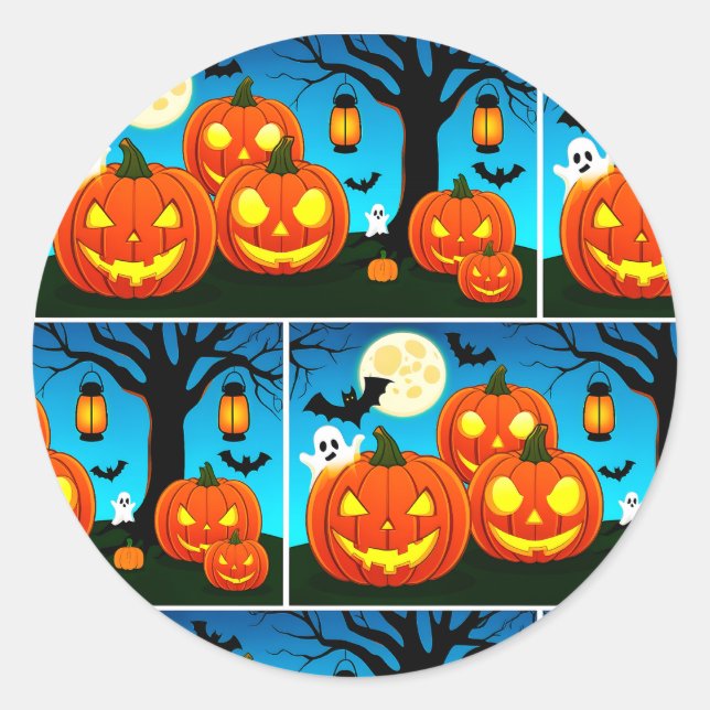 Sticker Rond Fantômes d'Halloween, Citrouilles, chauves-souris (Devant)