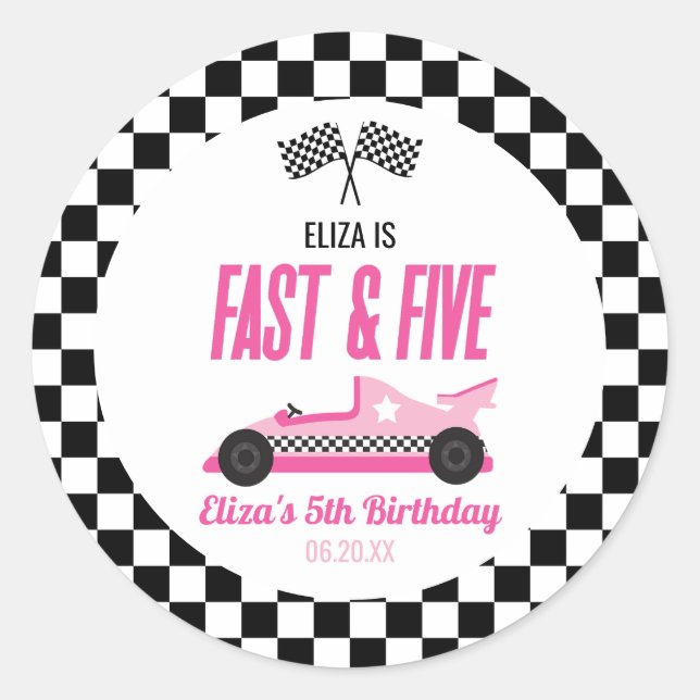 Sticker Rond Fast & Five Pink Race Car 5ème anniversaire (Devant)