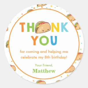Sticker Rond Fast Food Taco Boy Merci de fête d'anniversaire p