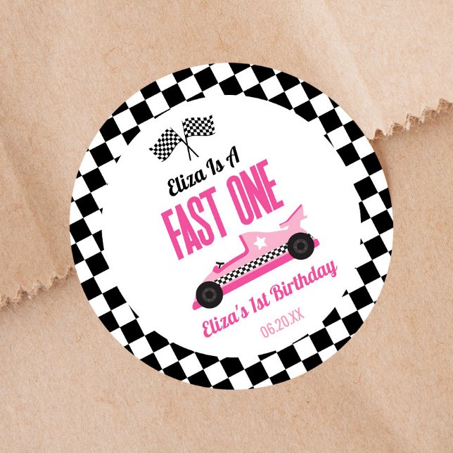 Sticker Rond Fast One Pink Race Car Premier Anniversaire (Créateur téléchargé)