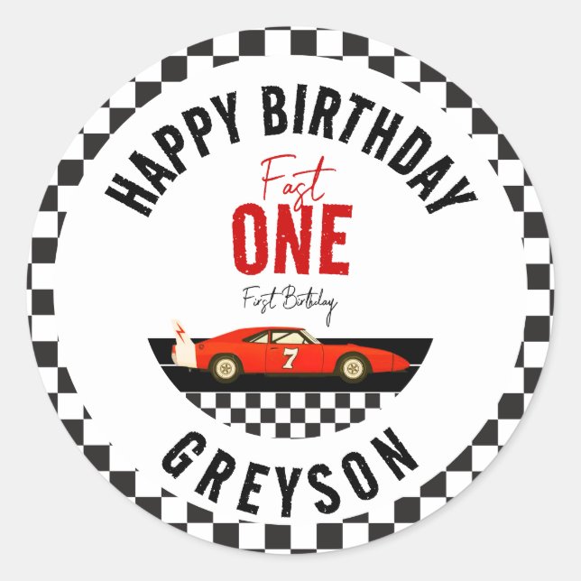 Sticker Rond Fast One Race Car Boy 1ère fête d'anniversaire (Devant)