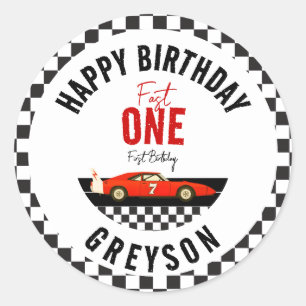 Sticker Rond Fast One Race Car Boy 1ère fête d'anniversaire