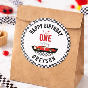 Sticker Rond Fast One Race Car Boy 1ère fête d'anniversaire