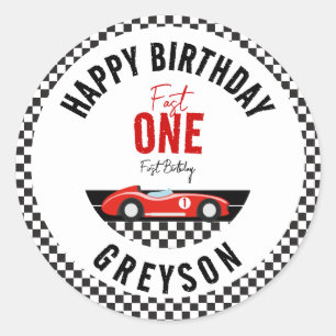 Sticker Rond Fast One Race Car Boy 1ère fête d'anniversaire