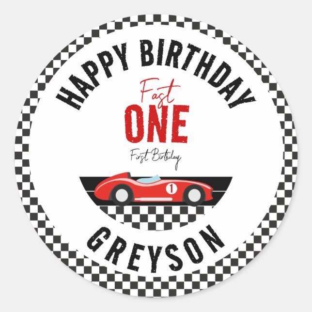 Sticker Rond Fast One Race Car Boy 1ère fête d'anniversaire (Devant)
