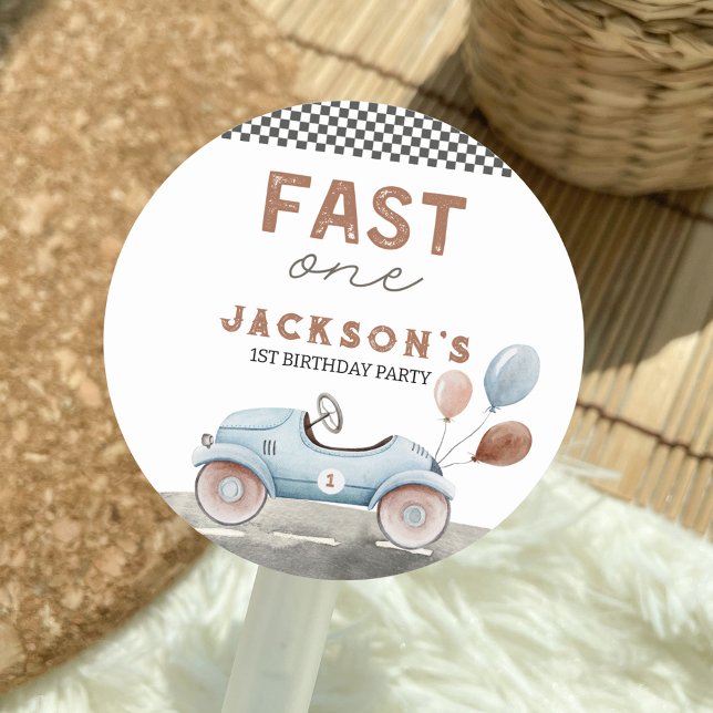 Sticker Rond Fast One Racing Car Blue Boy 1er anniversaire (Fast One 1st Birthday Custom Sticker)