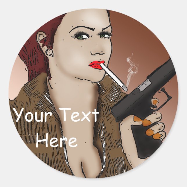 Sticker Rond Fatale féminine - Fumer et armes à feu (Devant)