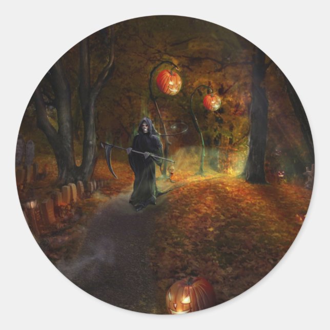 Sticker Rond Faucheuse et citrouilles (Devant)