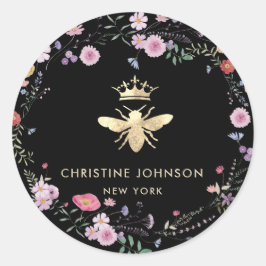 Sticker Rond fausse feuille d'or reine abeille fleurs sauvages