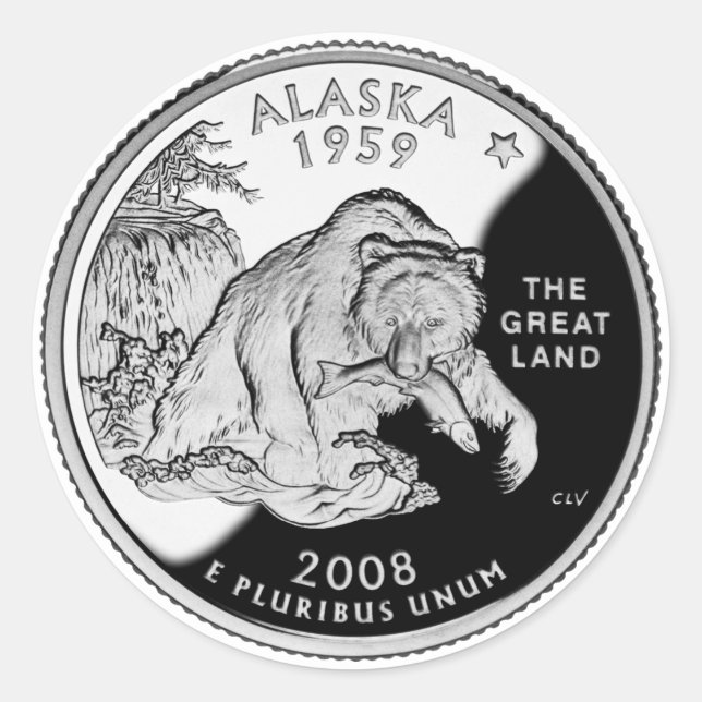 Sticker Rond Faux Alaska State Quarter The Great Land Grizzly (Devant)