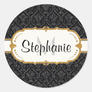 Sticker Rond Faux Black Gold Parties scintillant Mariage damass