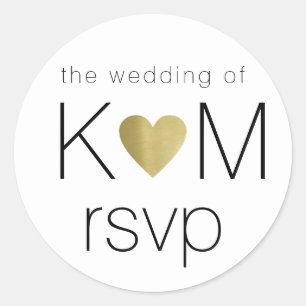 Sticker Rond faux coeur d'amour or avec deux initiales rsvp