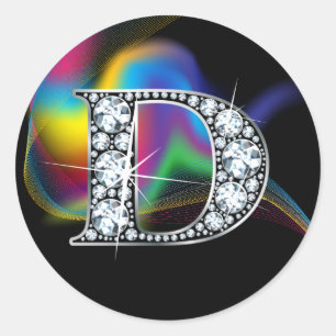 Sticker Rond Faux "D" Bling Diamond sur Rainbow Swirl Heart