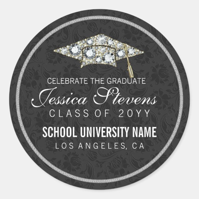 Sticker Rond Faux Diamonds Et Casquette De Graduation Argent 2 (Devant)