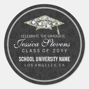 Sticker Rond Faux Diamonds Et Casquette De Graduation Argent 2