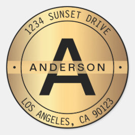 Sticker Rond FAUX Gold & Black Bold Monogramme & Adresse circul