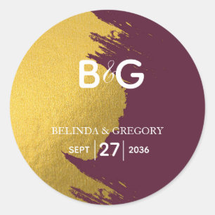 Sticker Rond Faux Gold Burgundy, Mariage Monogramme