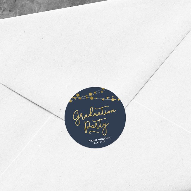 Sticker Rond Faux Gold Chaînes de lumière Blue Graduation Party (Créateur téléchargé)