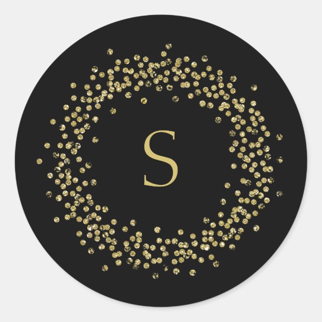 Sticker Rond Faux Gold Confetti en noir | Monogramme (Devant)