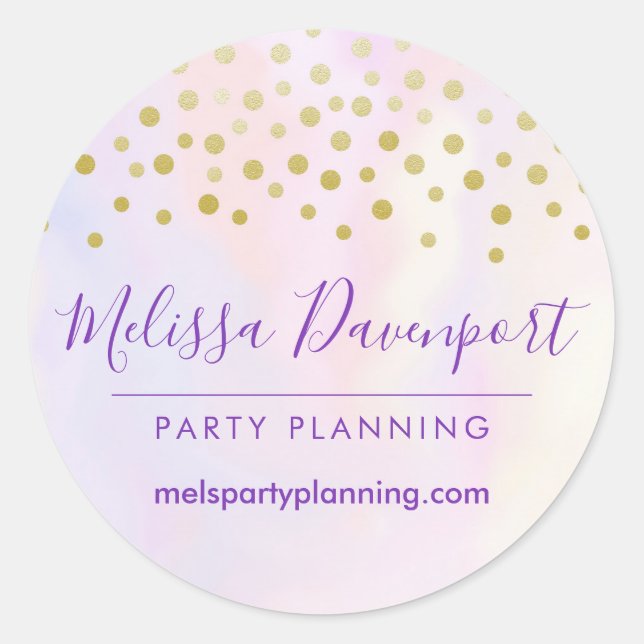 Sticker Rond Faux Gold Confetti sur Purple Watercolor Business (Devant)