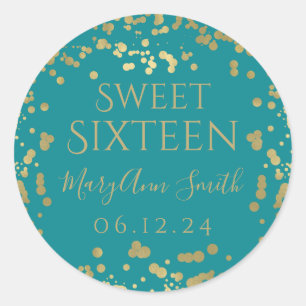 Sticker Rond Faux Gold Foil Confetti Sweet sixteen Turquoise