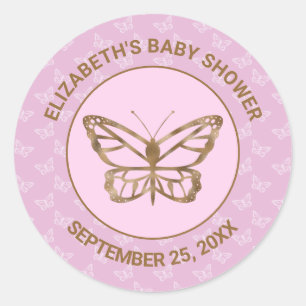 Sticker Rond Faux Gold Foil Look Papillon - Baby shower pourpre