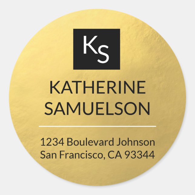 Sticker Rond Faux GOLD FOIL Nom MONOGRAM & Adresse de retour (Devant)