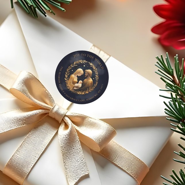 Sticker Rond Faux Gold Holy Family Nativity Exquisite Christmas (Faux Gold Holy Family Nativity Exquisite Contemporary Christmas Cards with Return Address Stickers.)